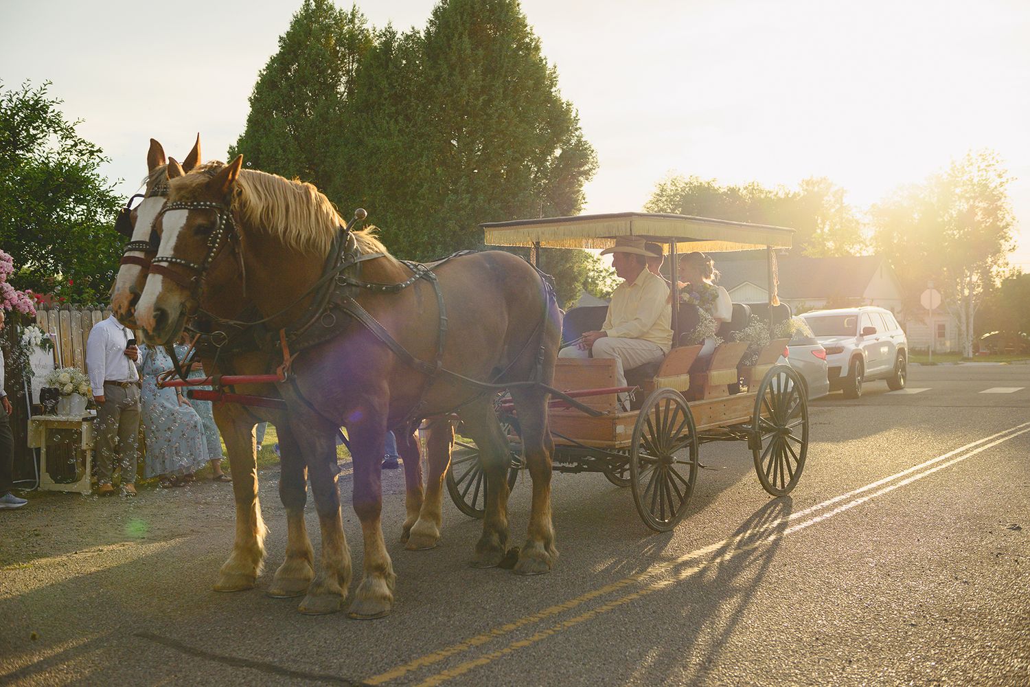 Blackfoot wedding photographer ShutterGirl send off with horse and carriage at backyard wedding in Blackfoot idaho