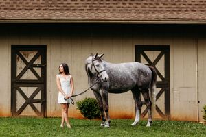 Young woman in white dress standing beside a tall dapple gray horse on green grass near a stable.