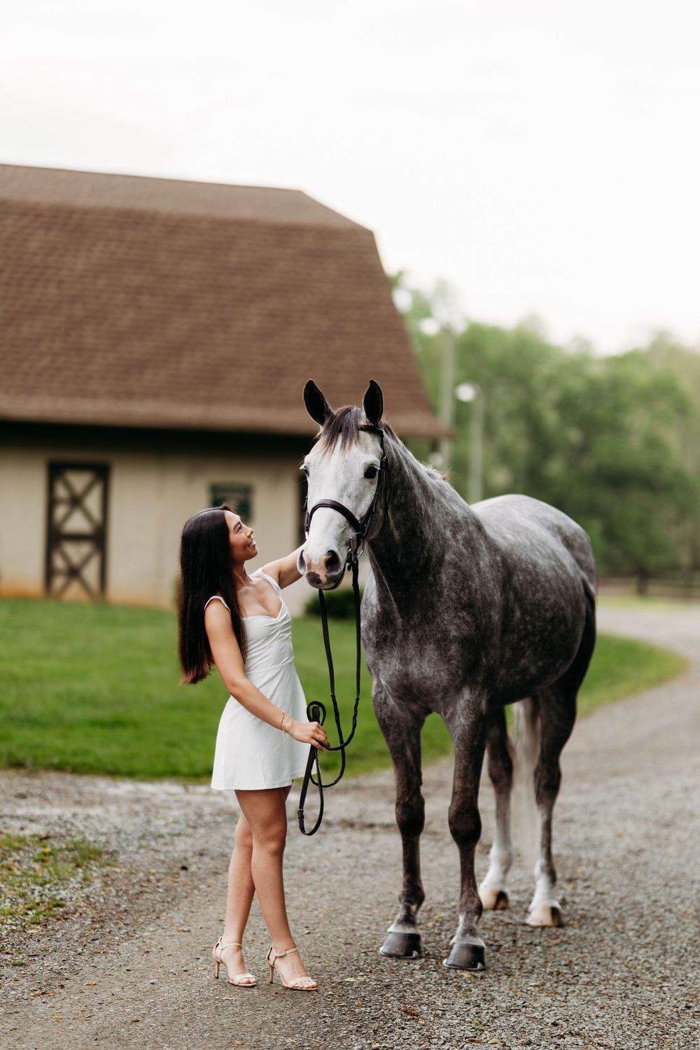 Young woman in white dress gently touching the face of a dapple gray horse on a farm driveway.