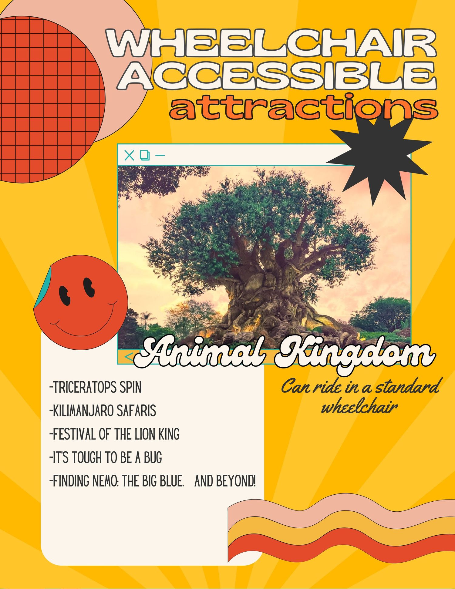 Animal Kingdom accessibility guide with Tree of Life image and list of wheelchair-accessible attractions.