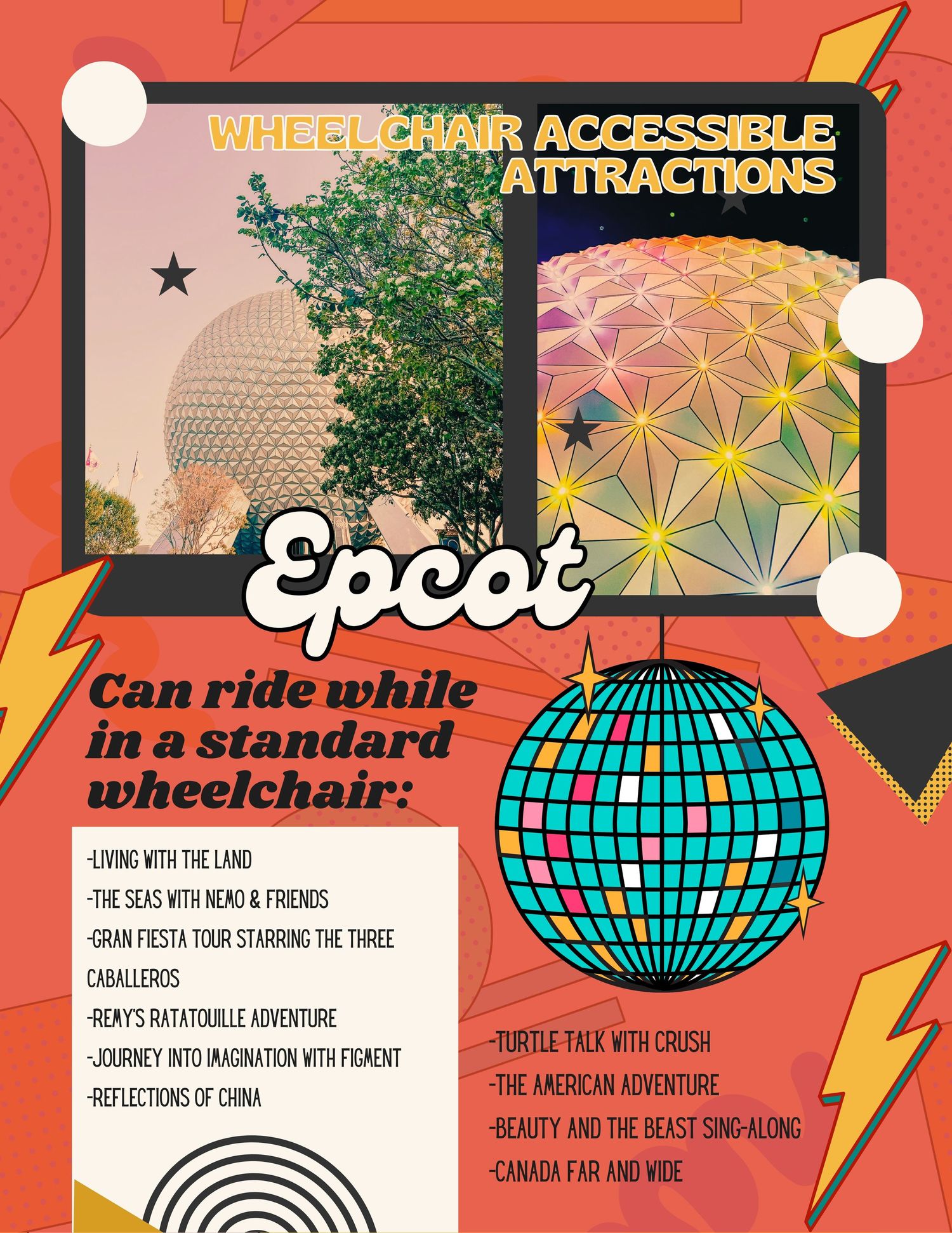 Epcot wheelchair accessibility guide featuring Spaceship Earth and attraction listings with retro disco ball design.