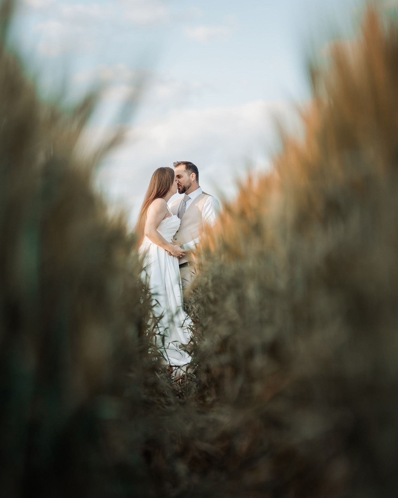 Egy romantikus pár ölelkezik egy magas füves mezőn az arany óra alatt, lágy bokeh háttérrel.