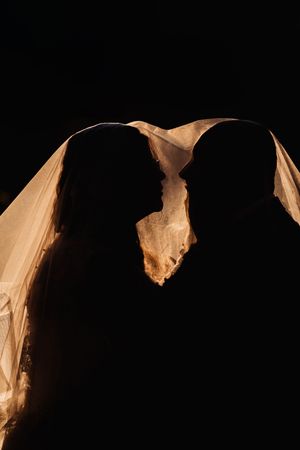 Silhouette of bride and groom facing each other under a glowing wedding veil against a dark background.