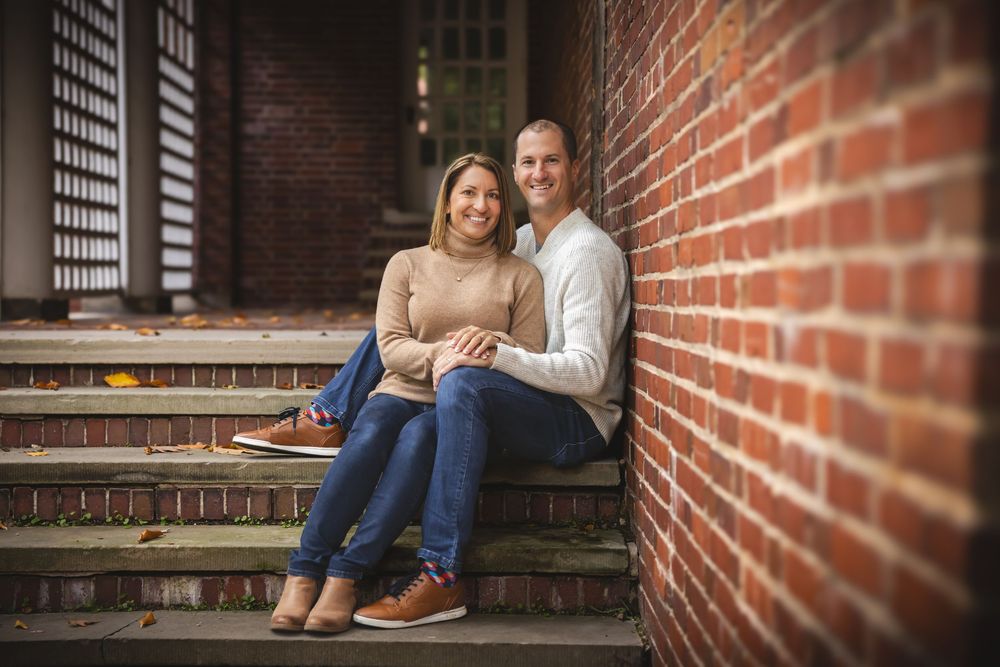 A couple sits together on brick steps against a red brick wall in a romantic engagement photo collage.
