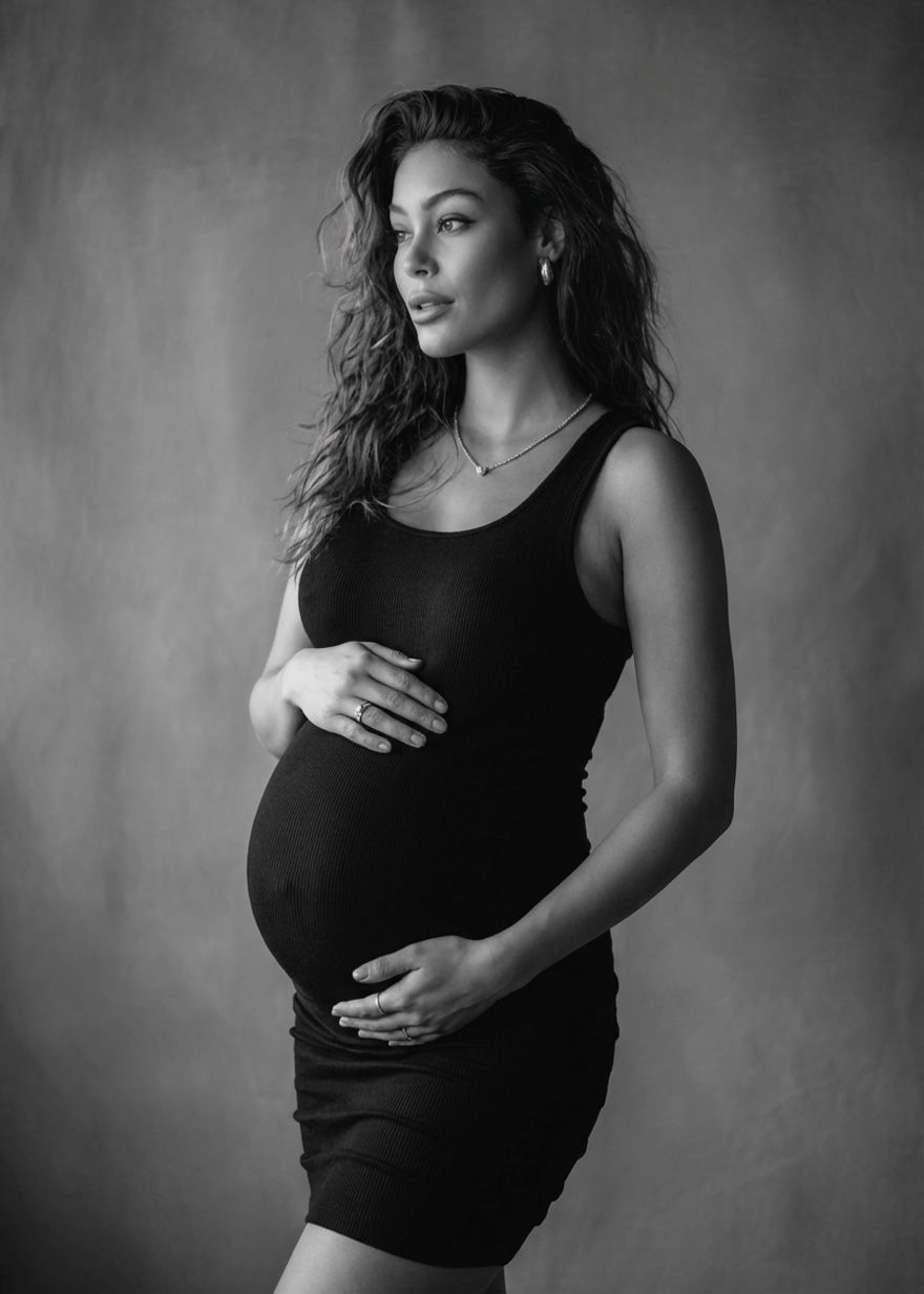 Black and white artistic maternity portrait showing an expectant mother in a fitted black dress posing against a neutral backdrop.