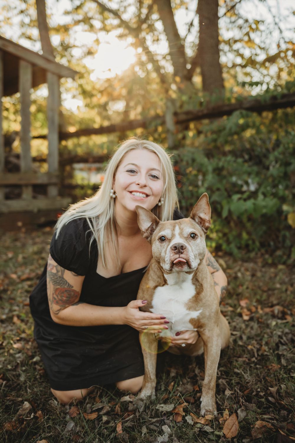 A brown and white pit bull poses with someone in a black shirt among fallen autumn leaves in an outdoor setting.