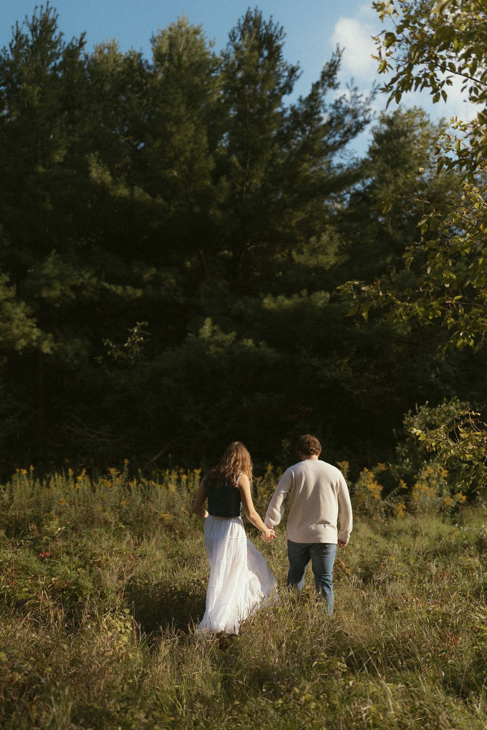 A couple walking through a sunlit field with pine trees in the background.