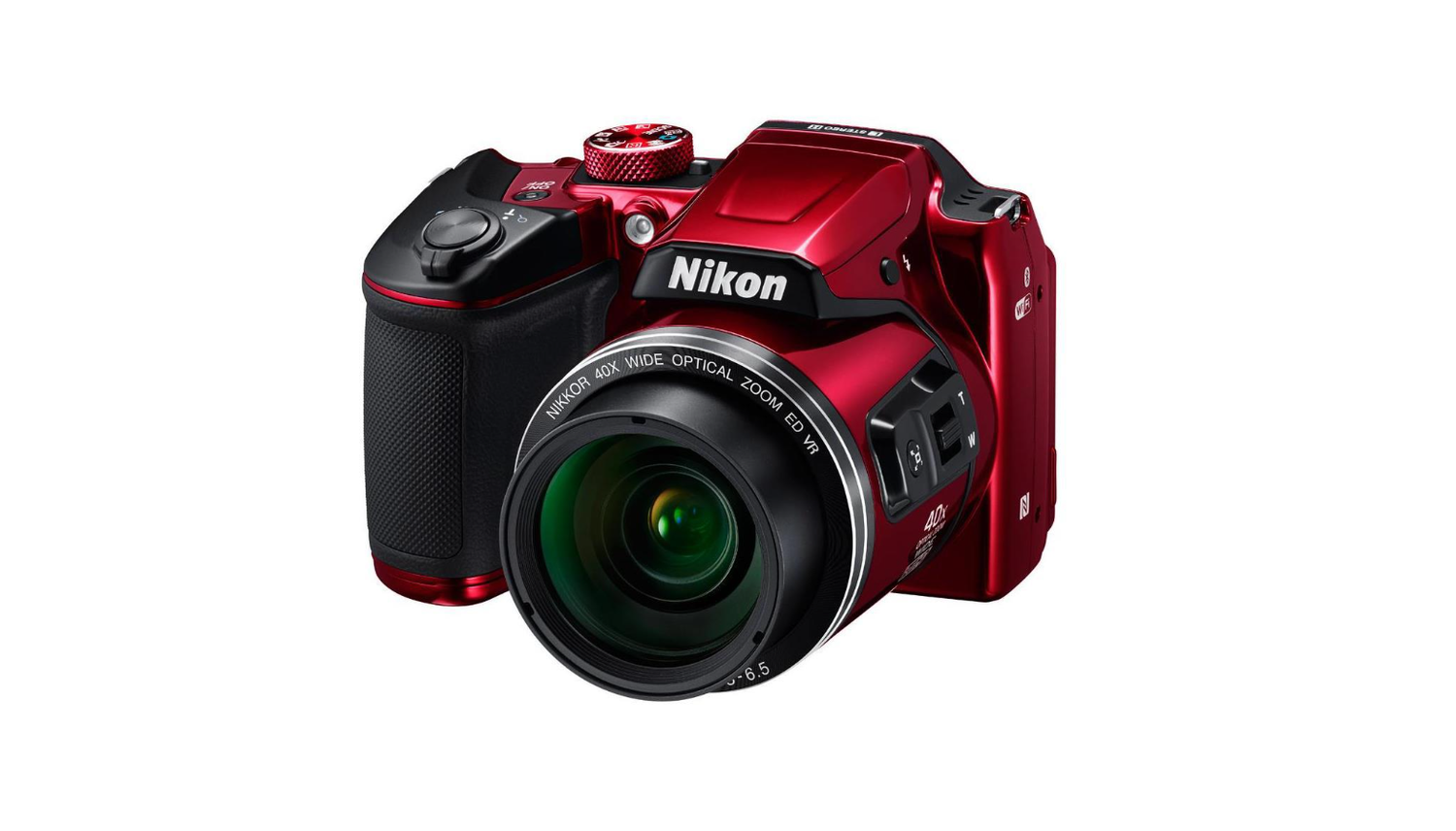 Nikon Coolpix B500 red bridge camera with powerful zoom lens.