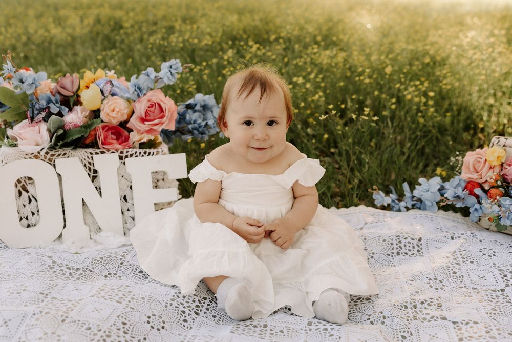 A first birthday celebration setup with white 'ONE' letters and floral decorations on a lace blanket in a sunny meadow.