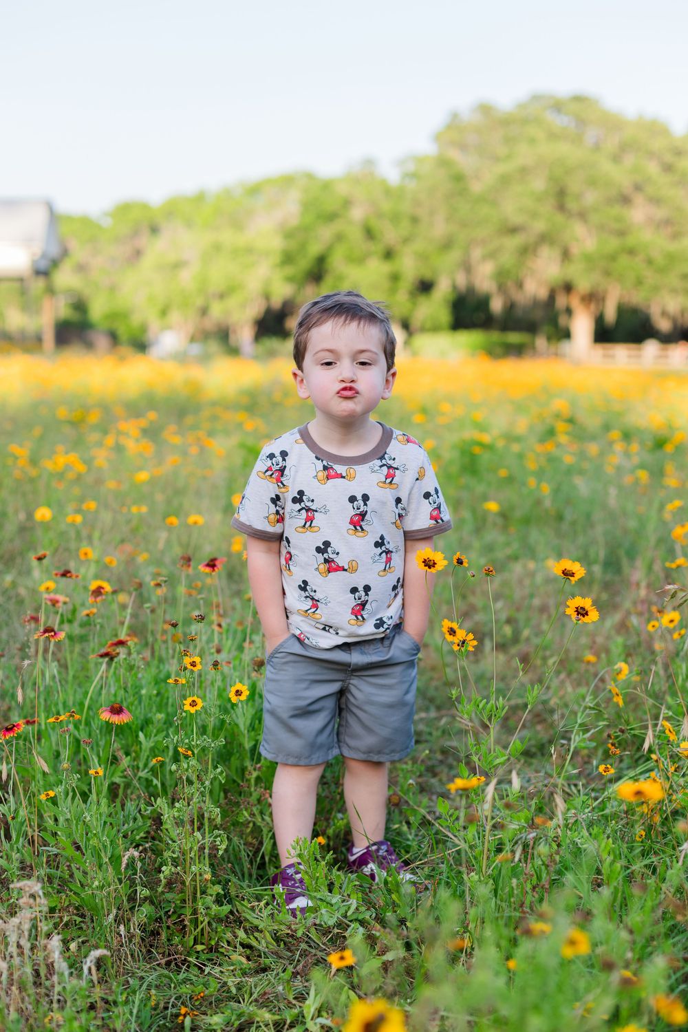 A child plays and explores in a vibrant wildflower meadow filled with yellow and orange blooms on a sunny day.