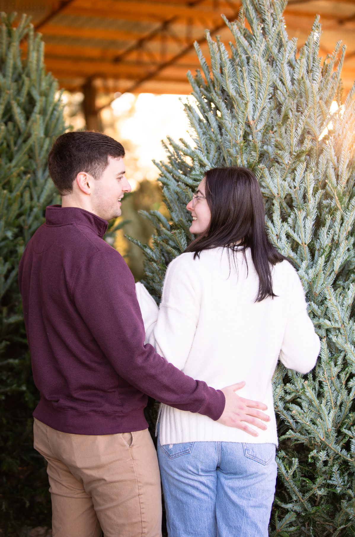 A couple shops for Christmas trees together at a tree lot during the holiday season after they get engaged.