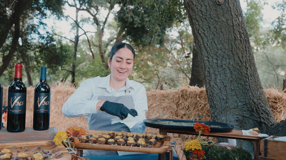 Collage of outdoor wine tasting experiences with rustic wooden tables and autumn foliage in the background.