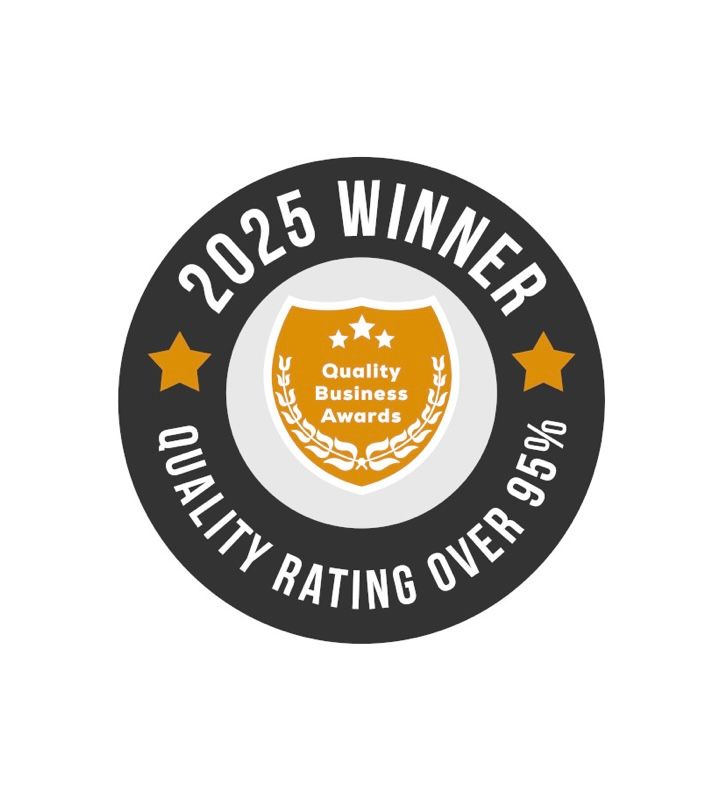 2025 winner quality rating badge with gold stars and orange shield showing achievement of over 95% rating.
