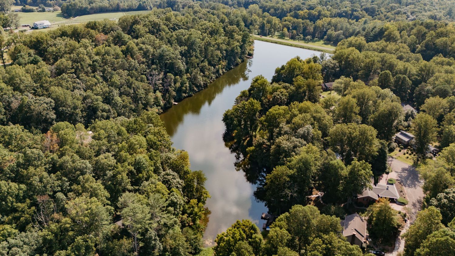 Aerial view of a winding river surrounded by lush green forest and countryside homes.