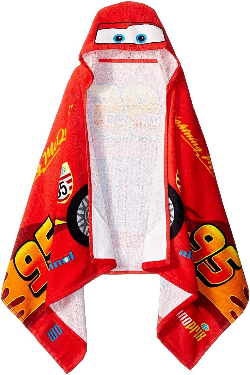 Red Disney Cars Lightning McQueen hooded bath towel with character face and racing designs displayed from multiple angles.