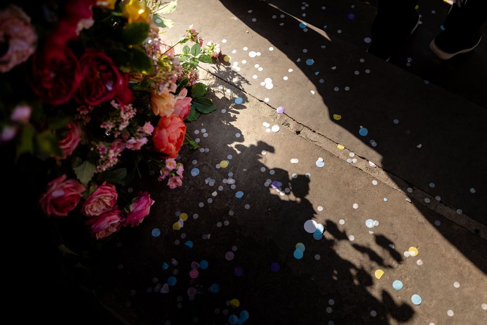 Dark background with scattered pink flower petals and shimmering glitter creating an artistic composition.