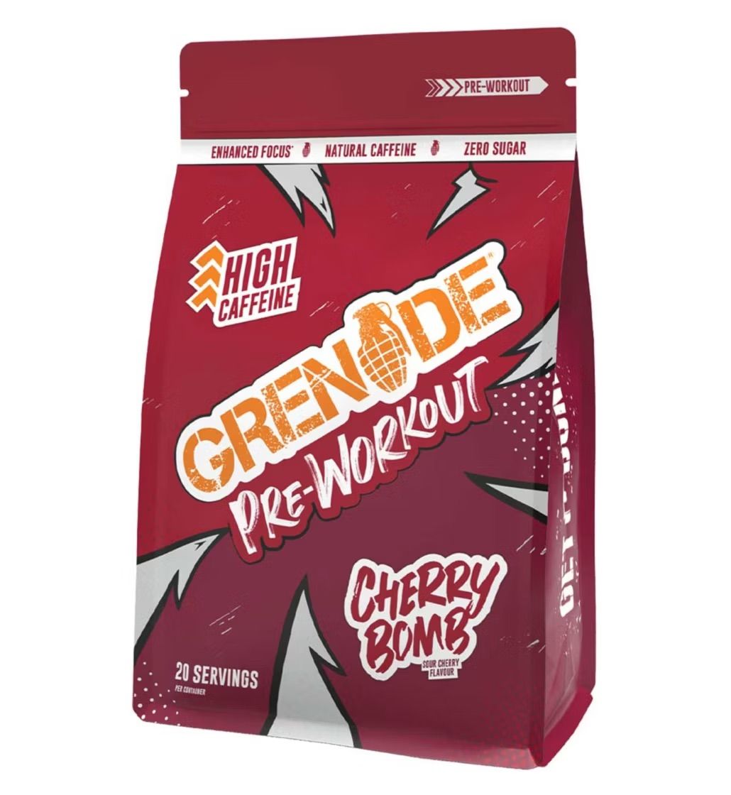Red and white packaging design for Cherry Bomb snack food shown from multiple angles with bold typography.