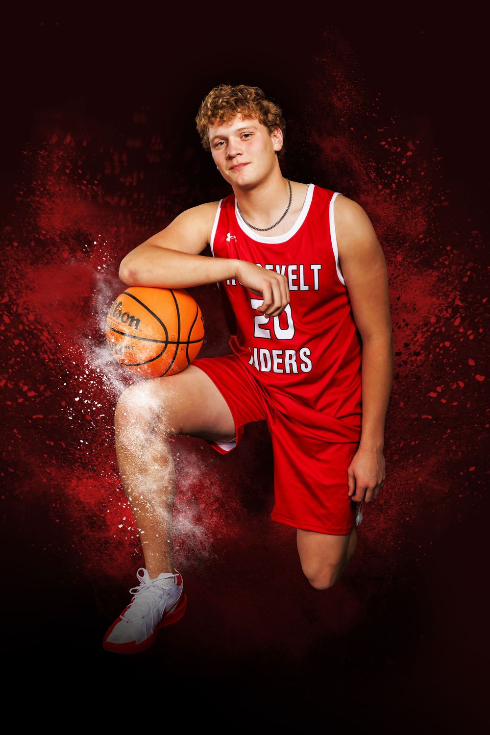 Basketball action shots with red smoke effects against dark background.