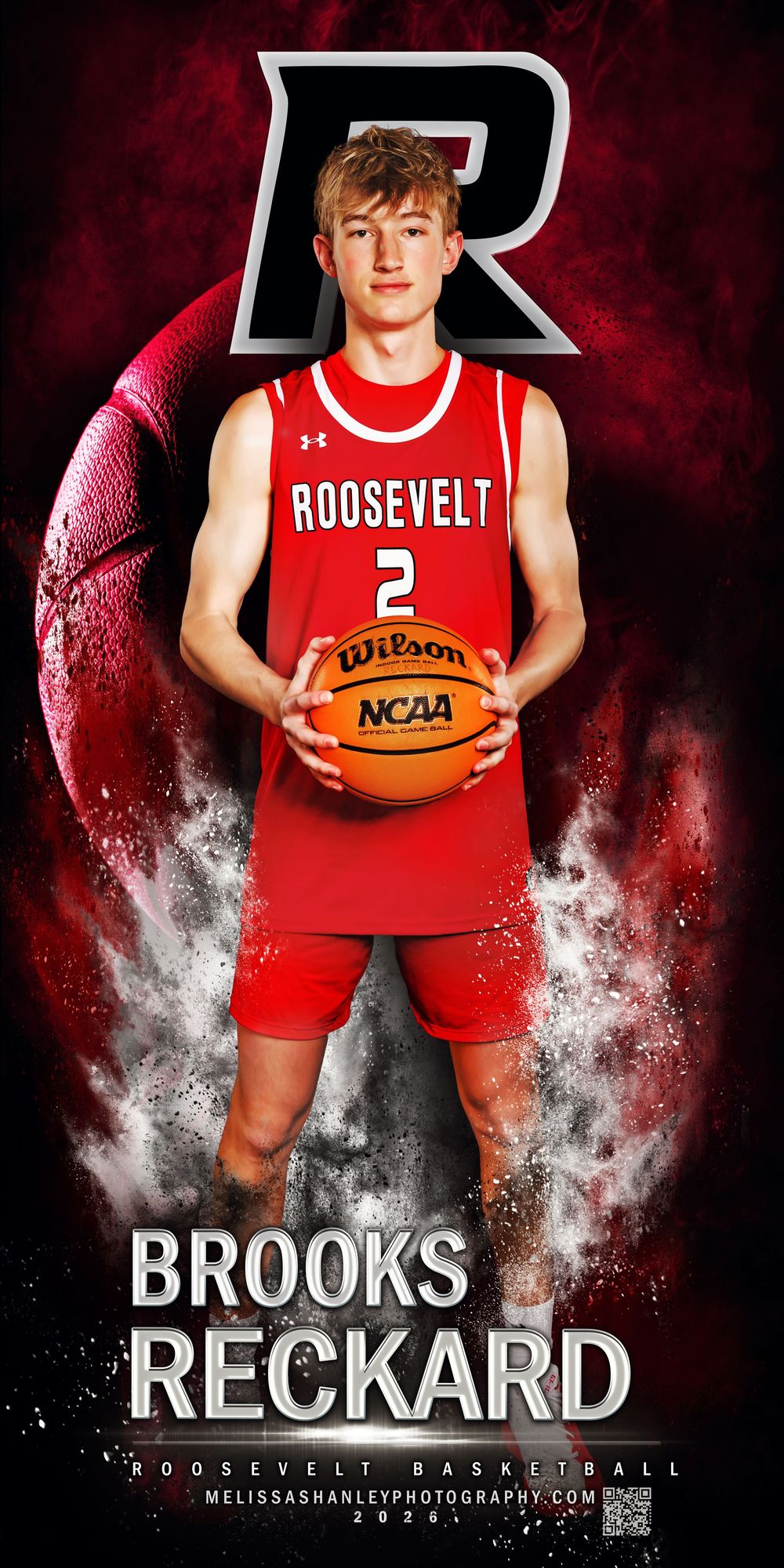 Dramatic basketball portrait with red smoke effects and Roosevelt uniform.