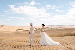 Newlyweds walk hand in hand through a vast wheat field under blue skies.