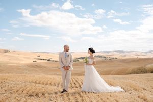 Couple in wedding attire poses in golden wheat fields against a bright blue sky with white clouds.