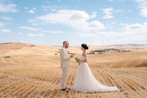 Wedding couple walking through golden wheat field under blue sky with white clouds.