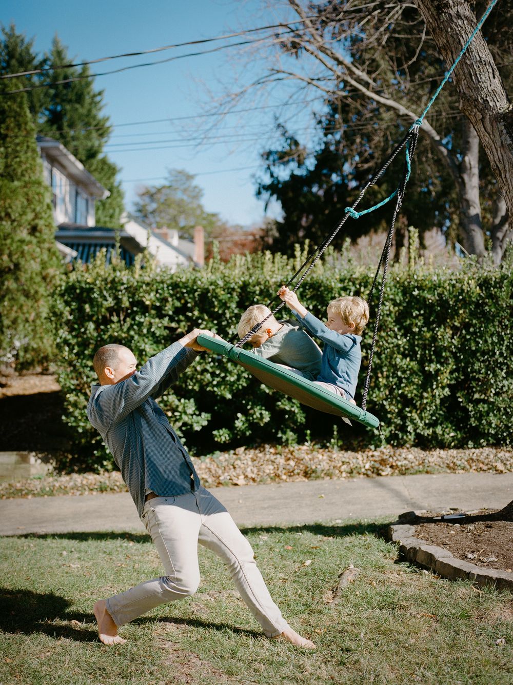 A sequence of playful movements captured in a backyard garden setting on a sunny day.