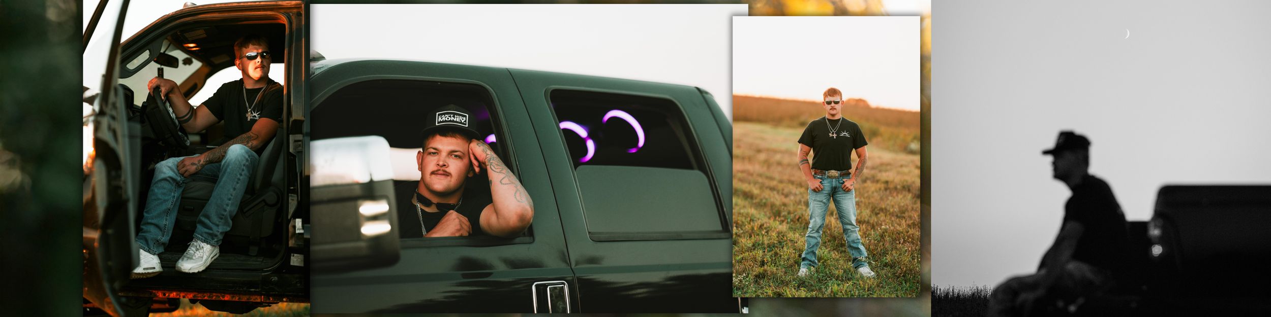 A collection of four artistic photographs showing people in cars and silhouettes against natural settings.