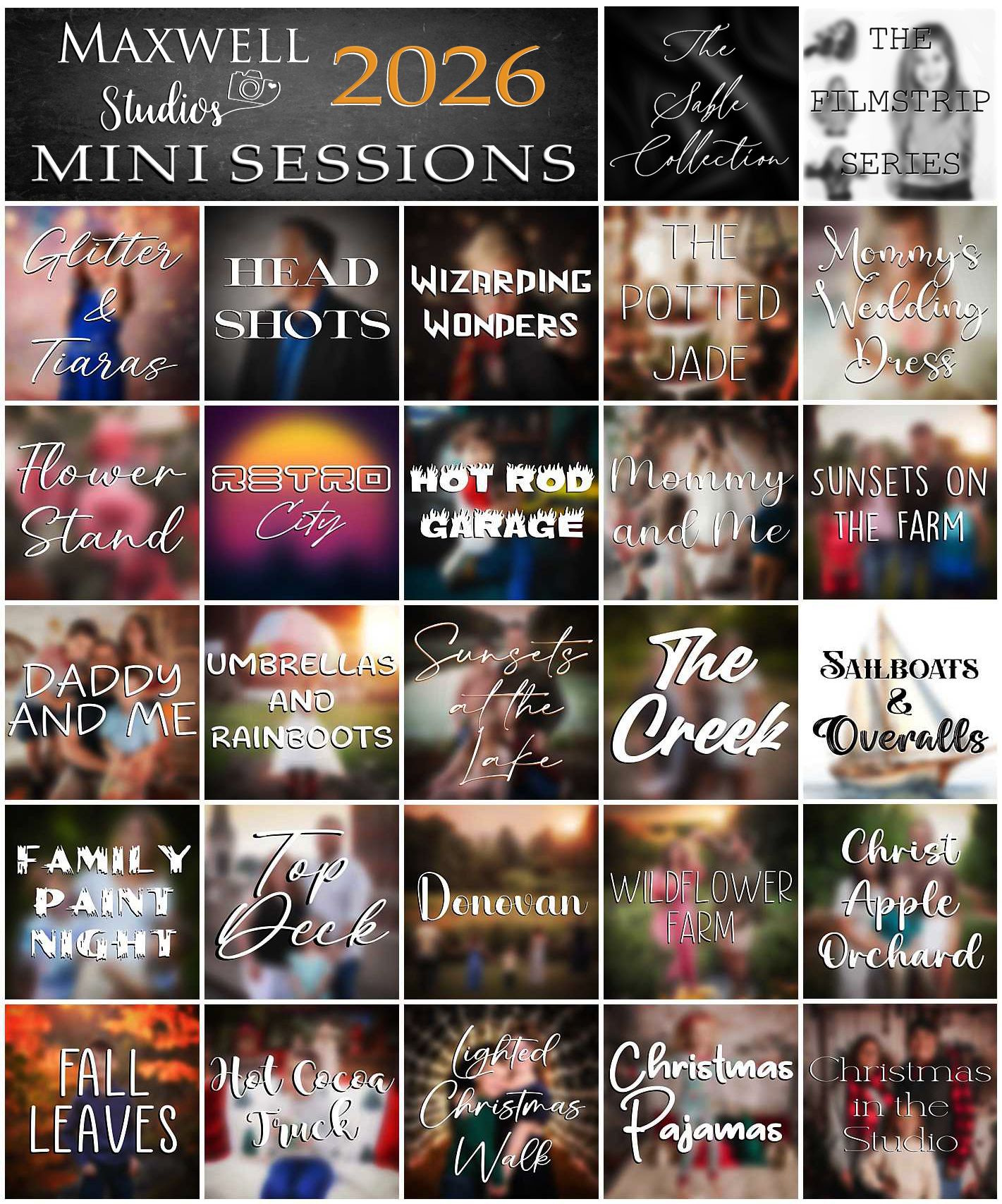 Collection of elegant text overlays and photo session titles in rose gold and metallic fonts on dark backgrounds.