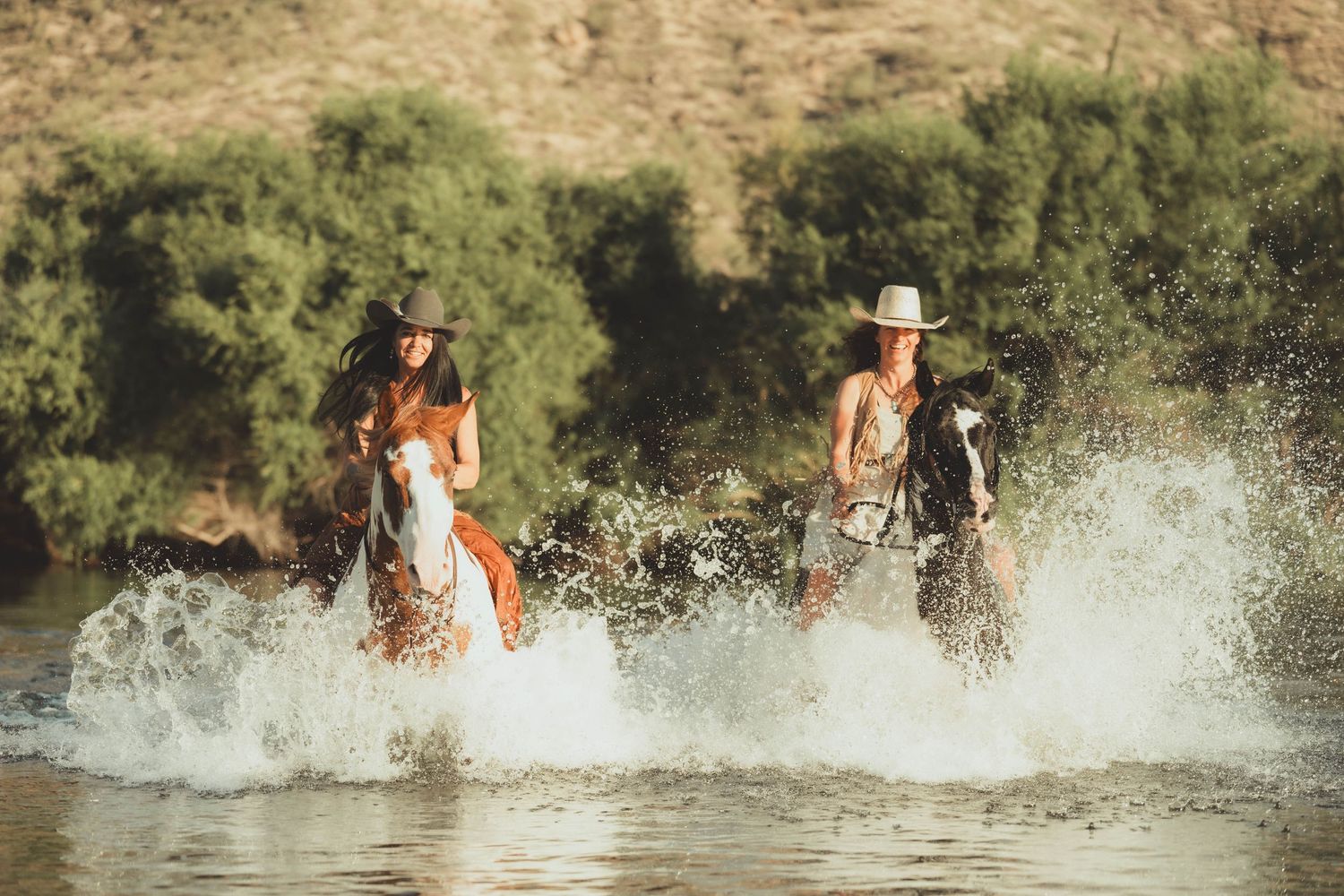 A series of sequential photos showing a horse and rider galloping through water creating dramatic splashes and motion.