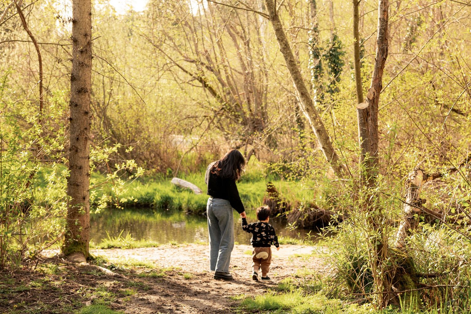 Two people explore together by a stream in a sunlit forest with green foliage and trees.