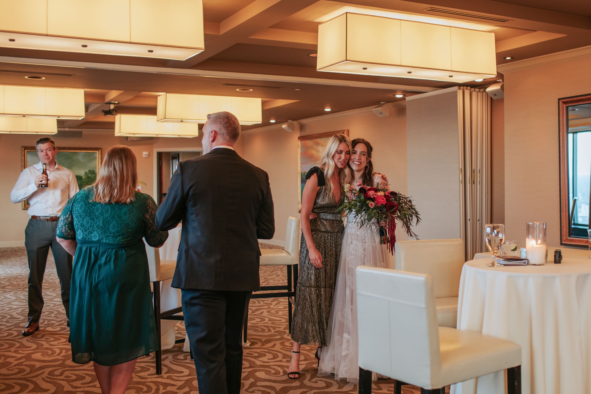 A sequence of wedding reception photos showing guests dancing and celebrating in a banquet hall.