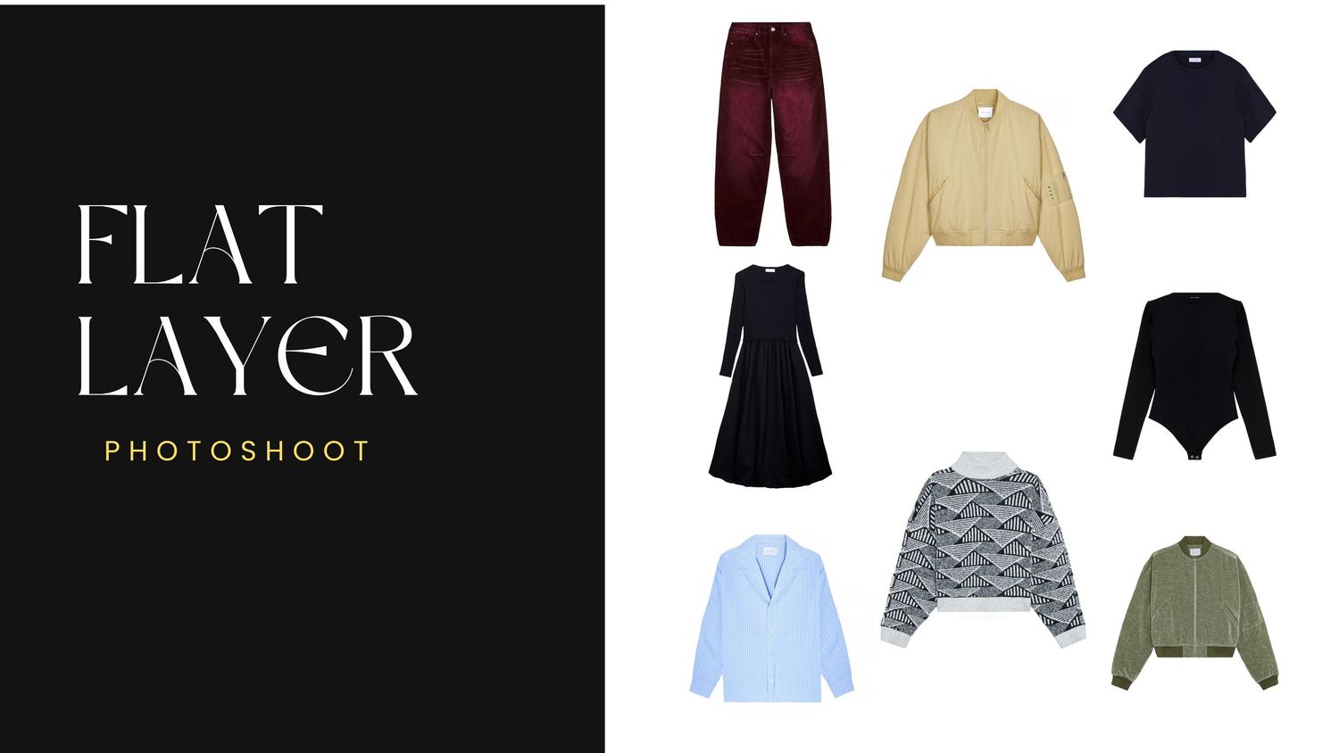 A grid of fashion clothing items including sweaters, dresses, pants and tops in neutral colors arranged in a collage layout.