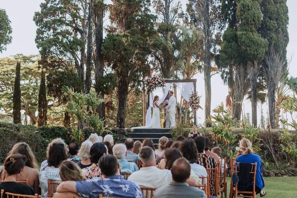 Wedding ceremony taking place outdoors with tall trees creating a natural backdrop in golden sunlight.