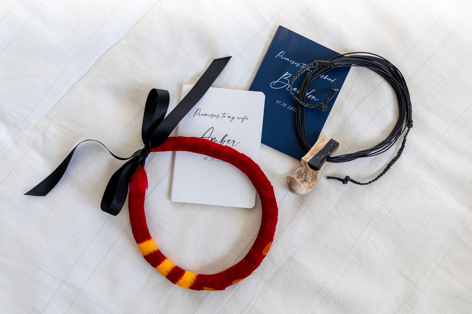 Step by step process showing the creation of a handmade red and yellow striped rope bracelet with black cord ties.