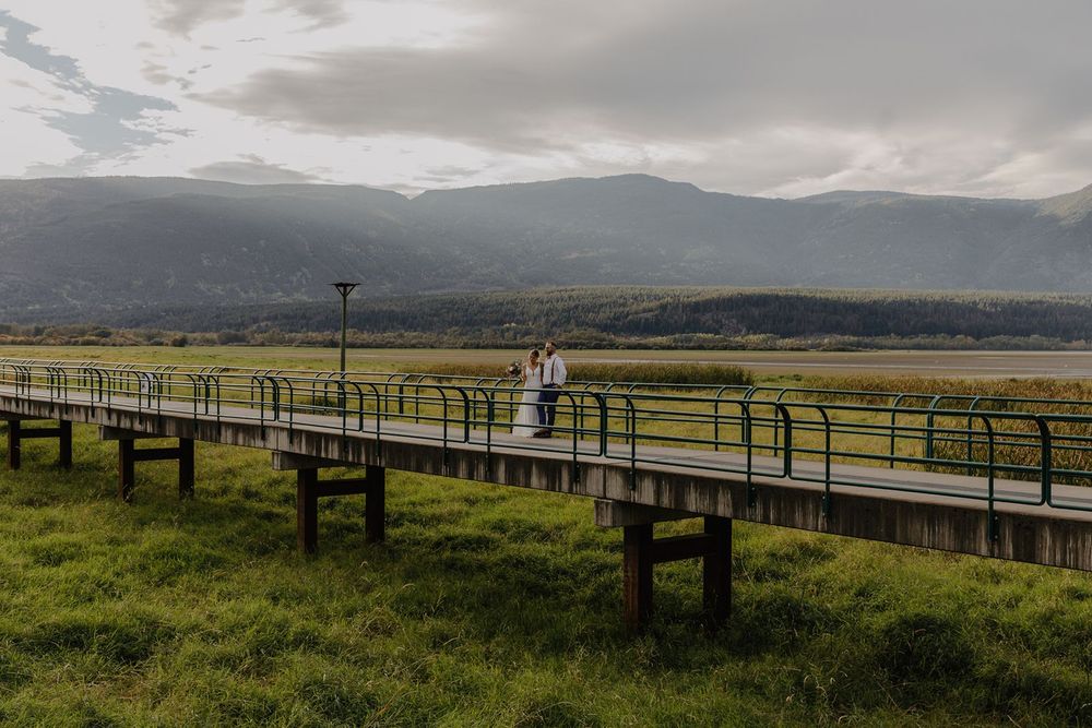 A wedding couple walks along a wooden bridge surrounded by mountains and a vast green landscape.