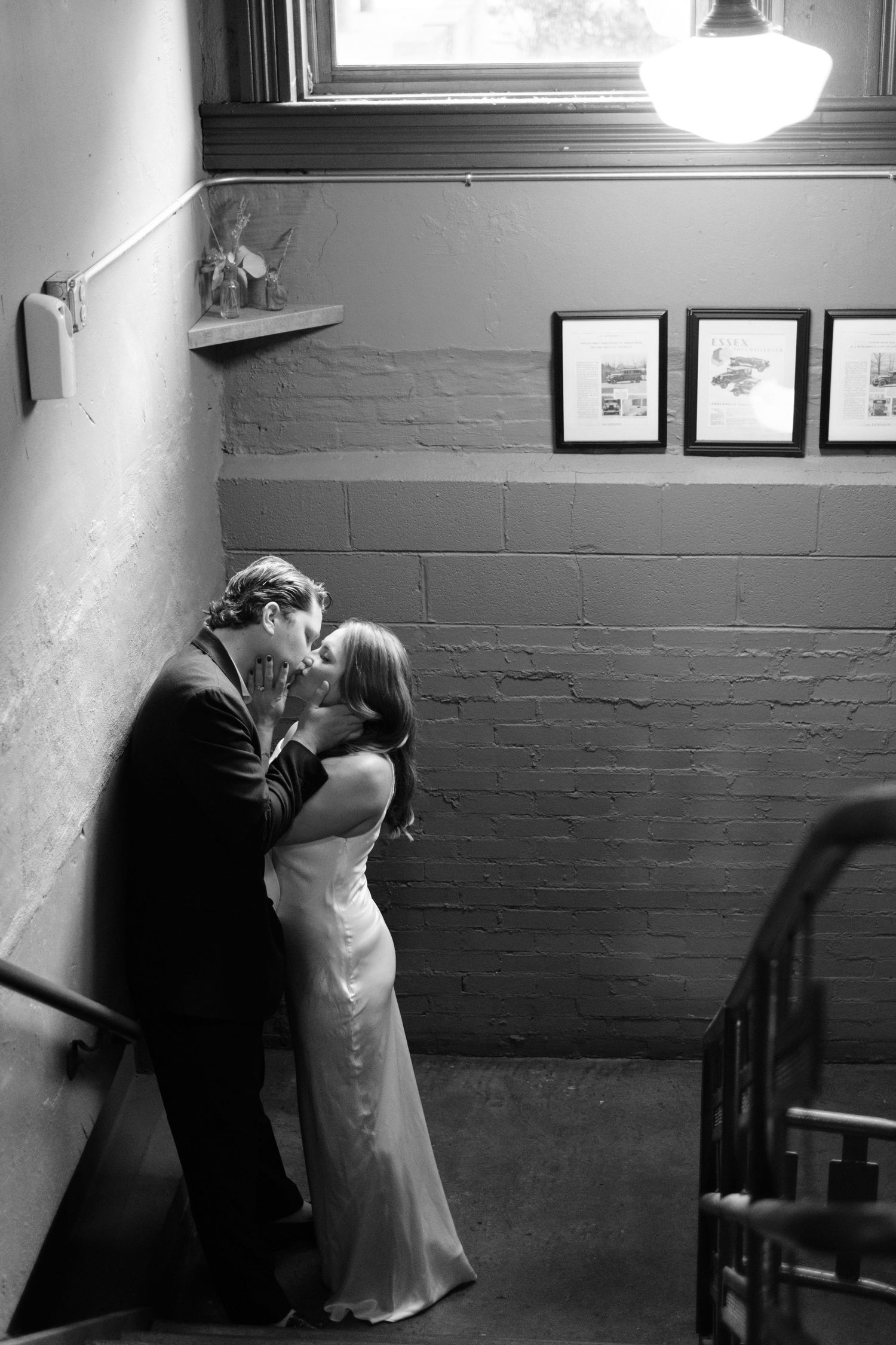 Bride and Groom in Stairwell at Packs Tavern for Wedding Photography by Stephanie A Smith Photography