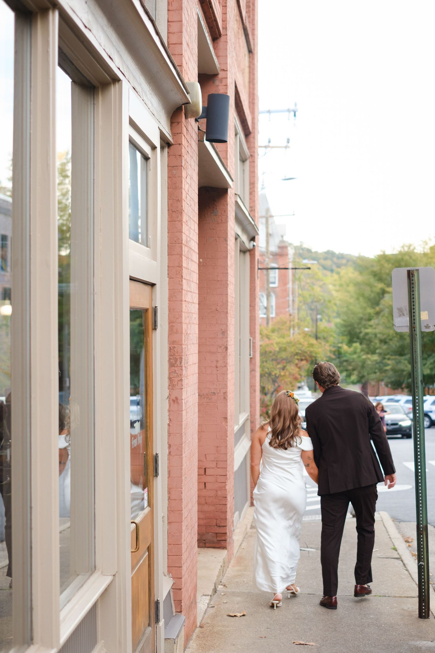 Bride and Groom out front of Packs Tavern for Wedding Photography by Stephanie A Smith Photography