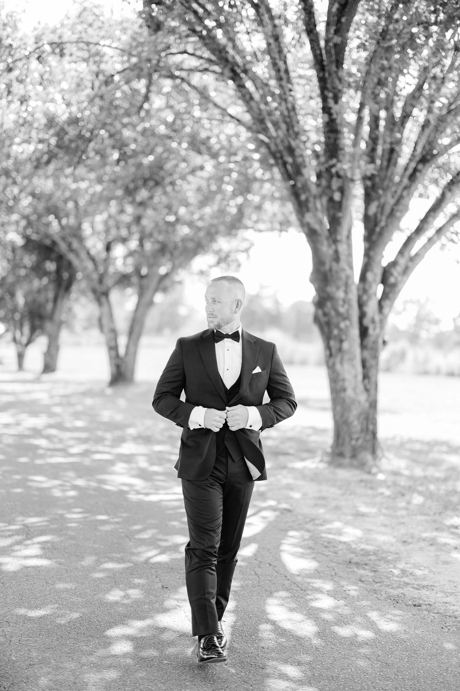 A black and white photo series showing a person in a suit walking through a sunlit orchard with dappled shadows.