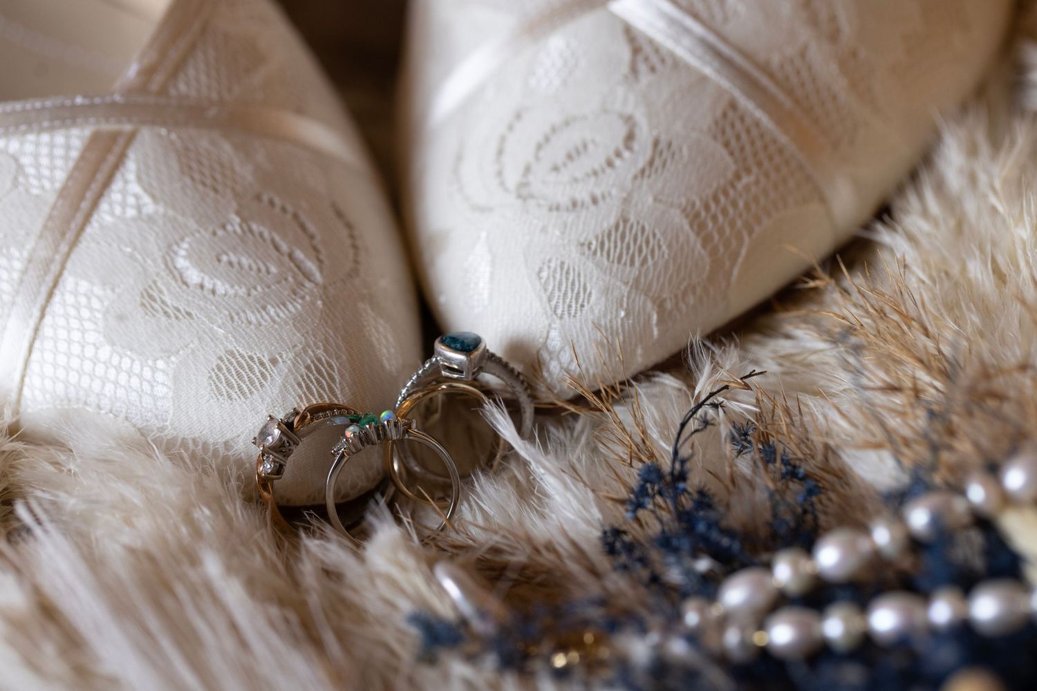 Wedding shoes and rings detail shot at Cotswolds wedding