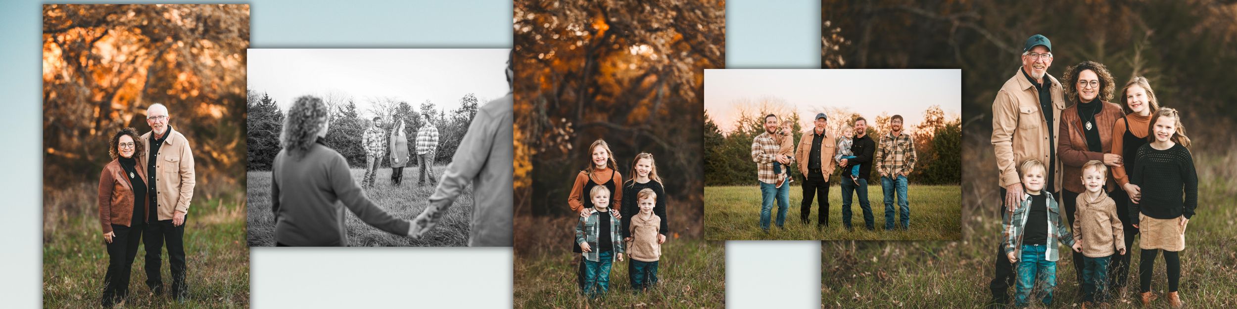 A collection of outdoor family portrait photographs arranged in a horizontal filmstrip style layout.