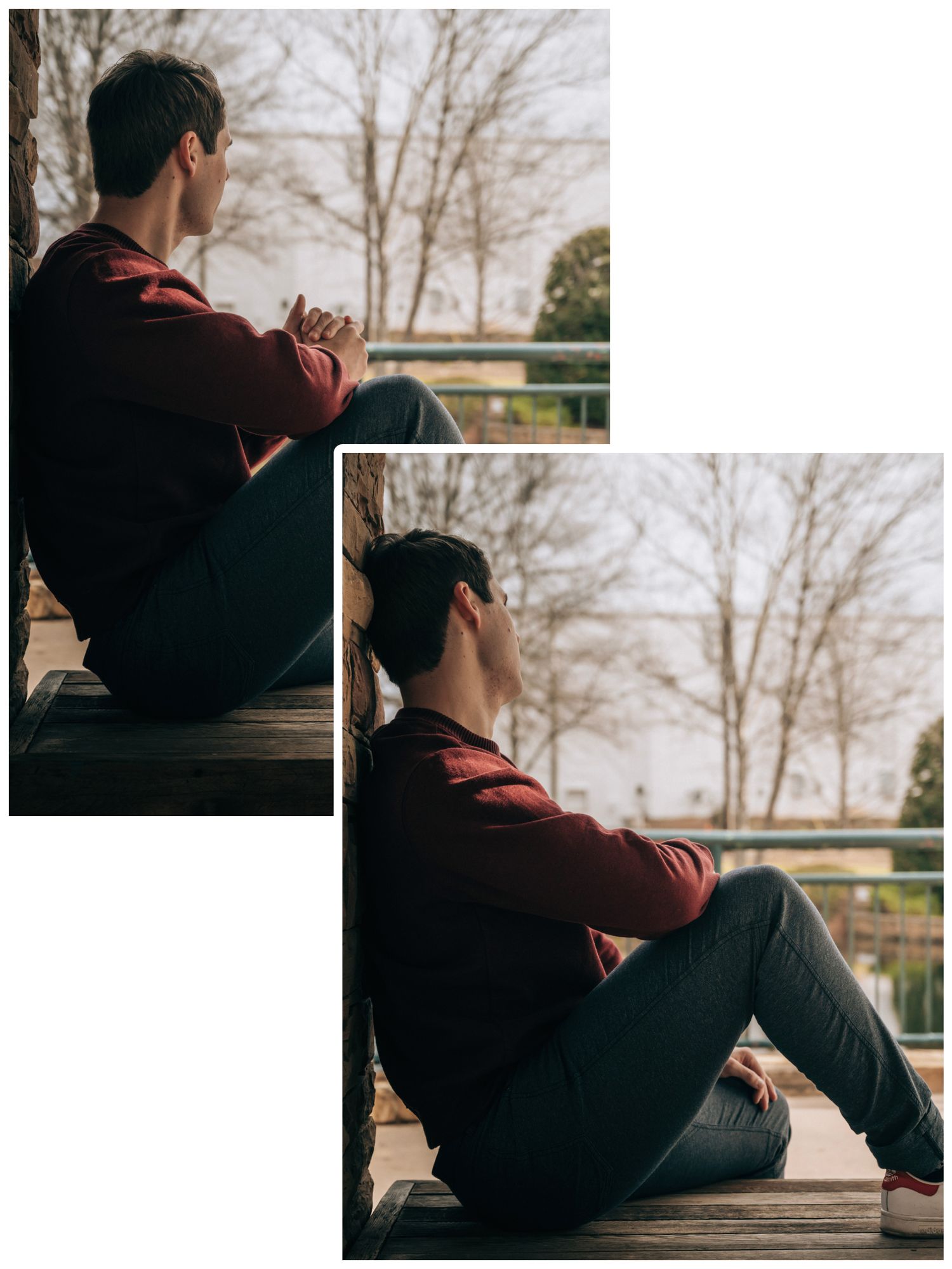 Person sitting on wooden deck overlooking scenic outdoor landscape.