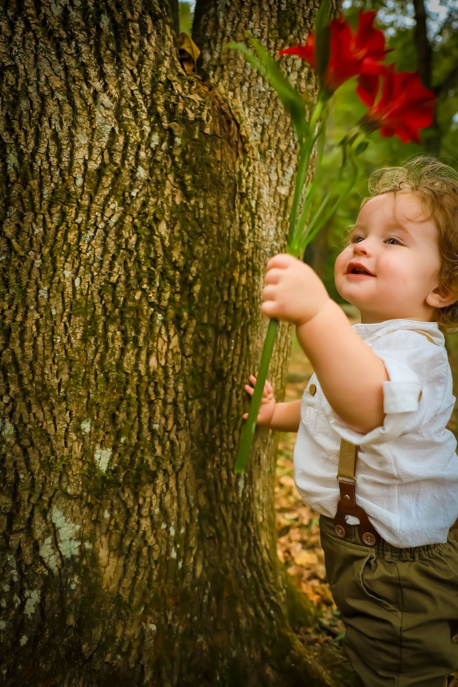 Series of shots showing joyful moments by a tree trunk with red flowers in the background.