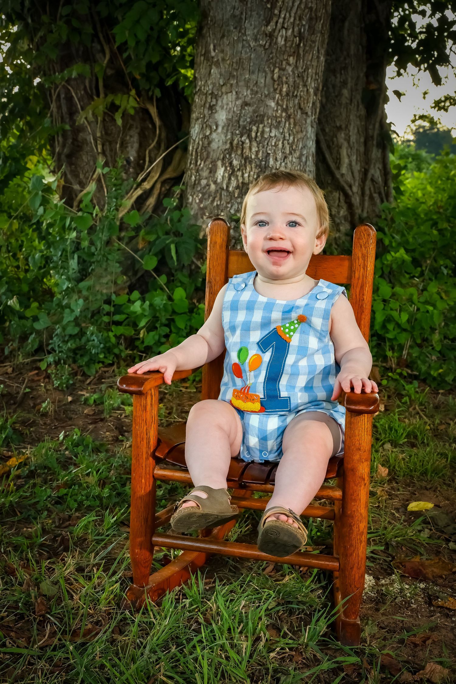 First birthday portrait in wooden rocking chair with blue gingham outfit outdoors.