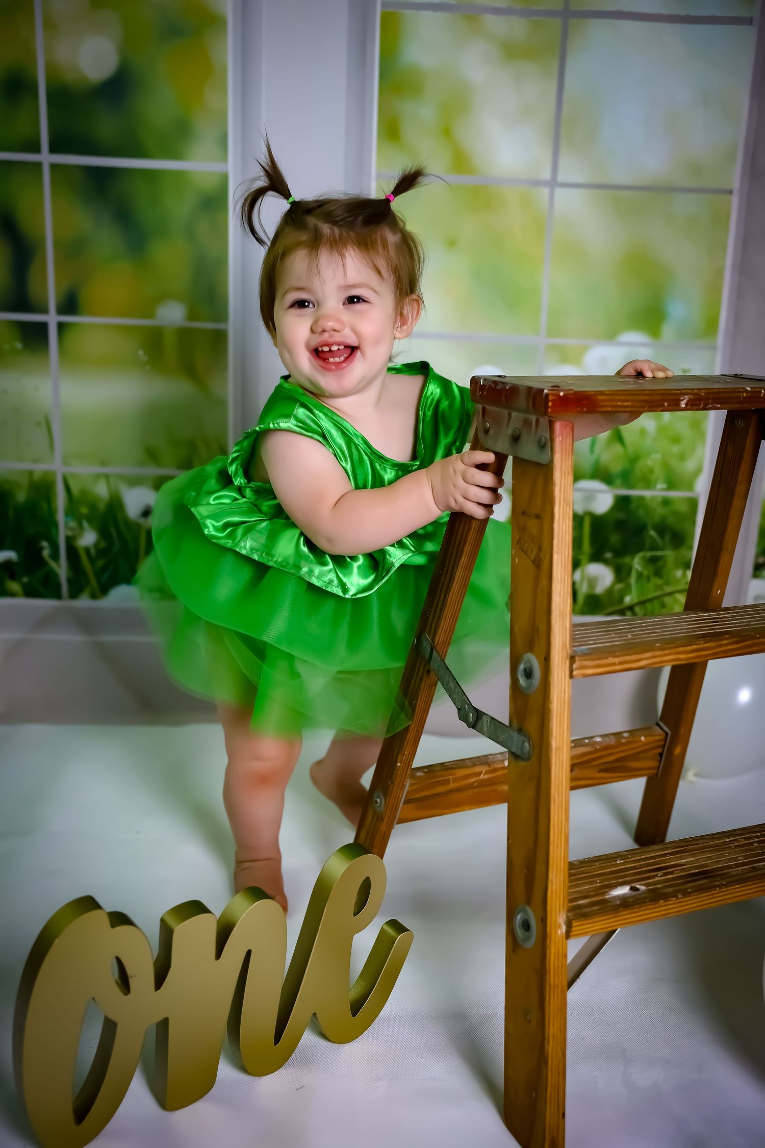 Series of photos featuring a green dress and wooden decorative elements in a bright indoor setting.