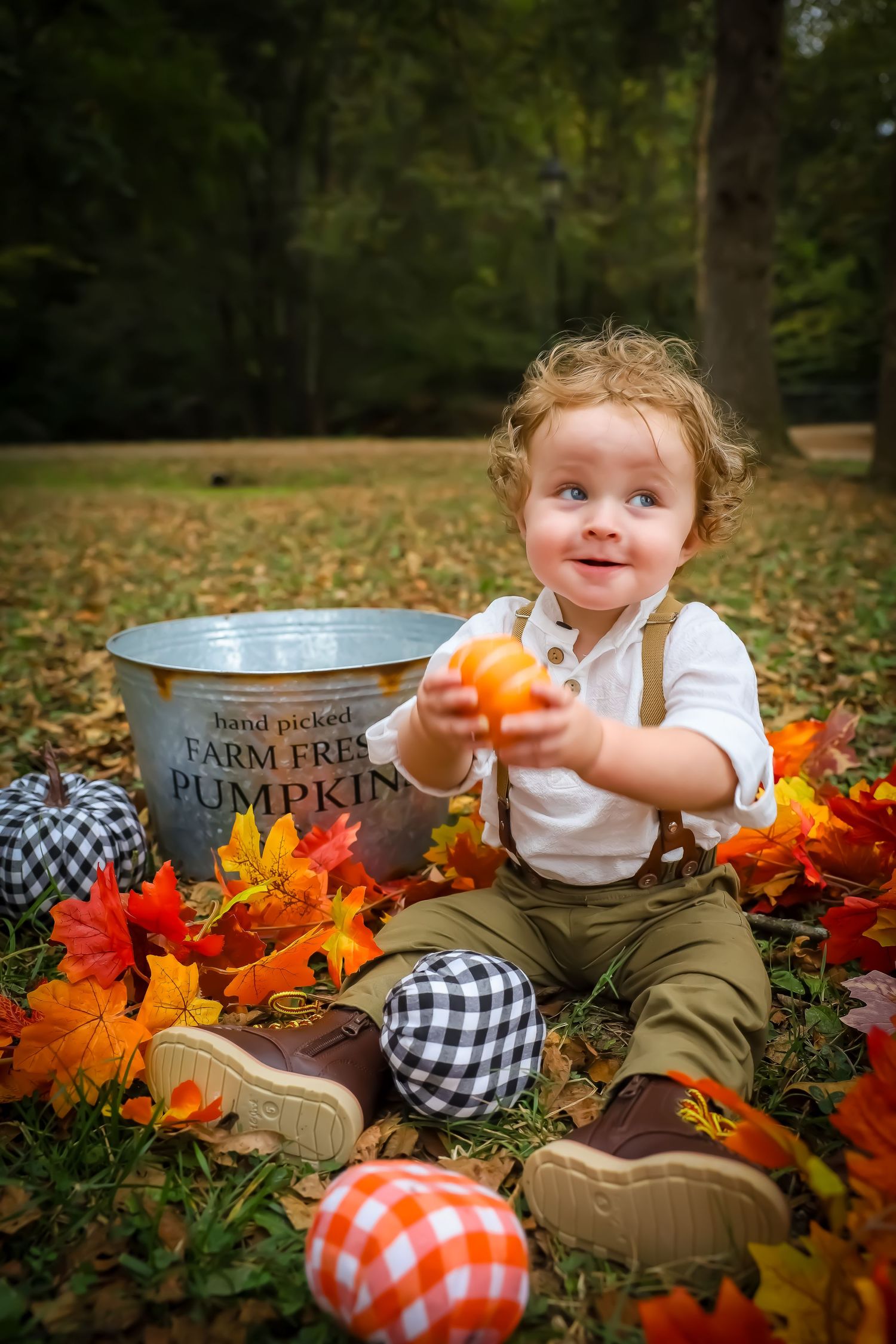 Fall themed baby photoshoot with pumpkins and autumn leaves.