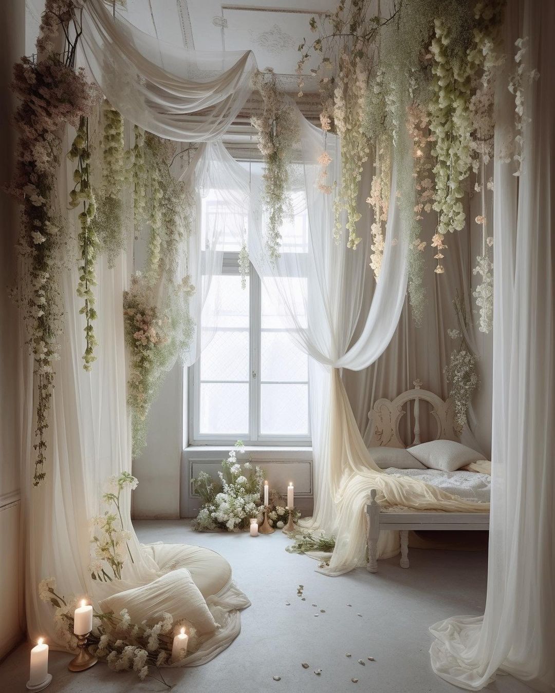 Ethereal white curtains and hanging vines create a dreamy indoor garden atmosphere in a sunlit room with scattered petals.