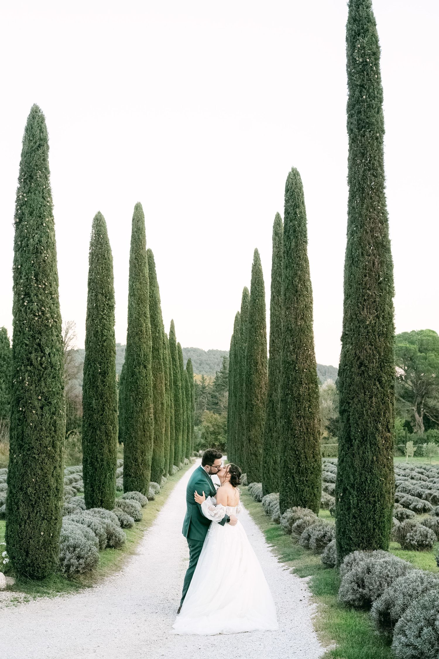 Couple en tenue de mariage sur une allée bordée de cyprès, ambiance domaine en Provence, photo lumineuse.
