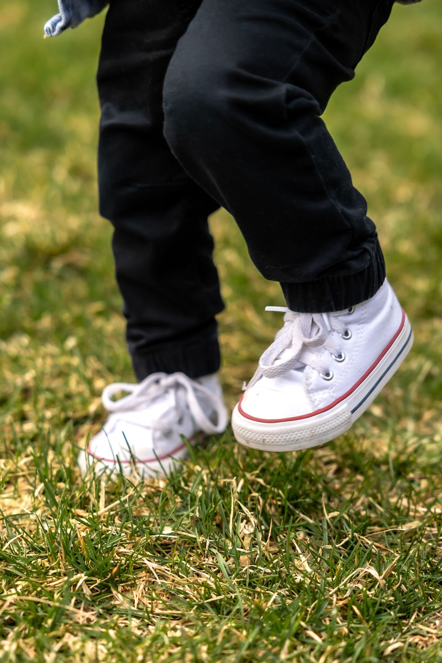 Close up of white Converse sneakers and black pants on grass in a casual outdoor setting.