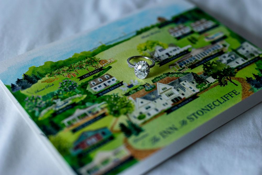 A tilt-shift photograph of a miniature village scene with buildings and trees on a postcard with a wedding ring in the center.